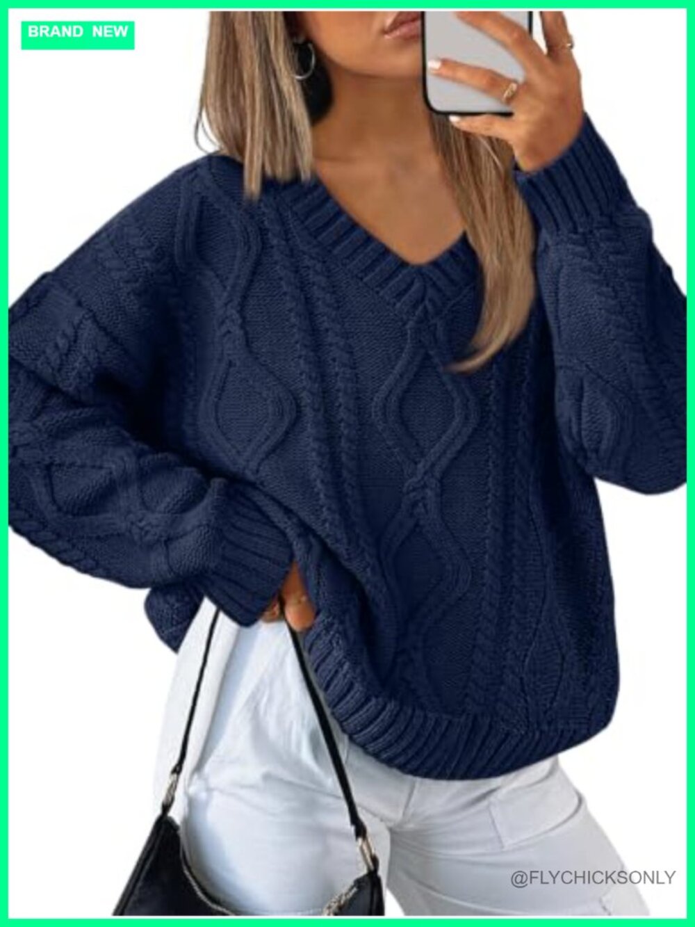 Womens V Neck Cable Knit Oversized Pullover Sweater Cotton Acrylic Cozy Fall
